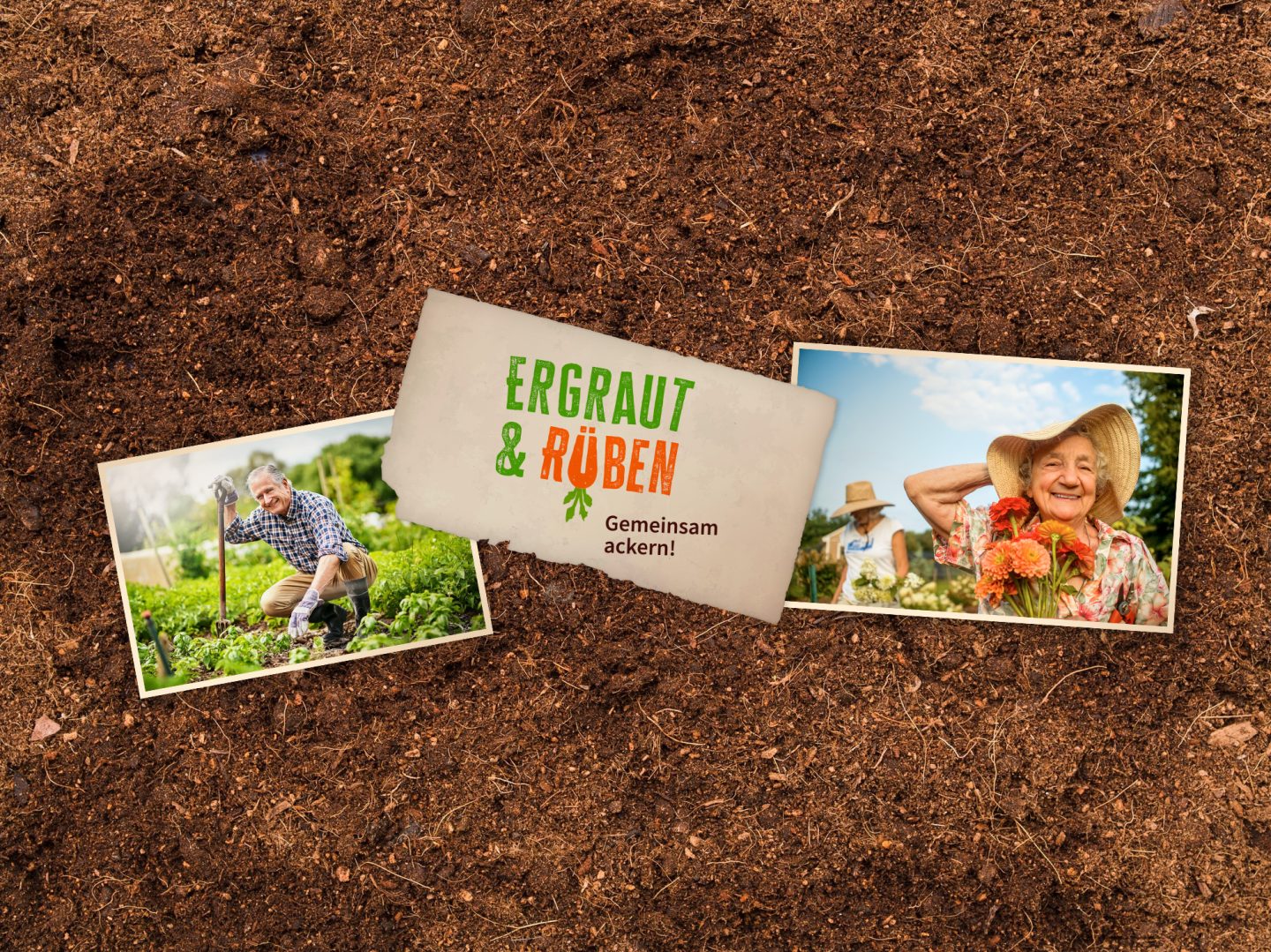 Polaroidfotos von Senioren, die sich bei der Gartenarbeit freuen, liegen auf Blumenerde